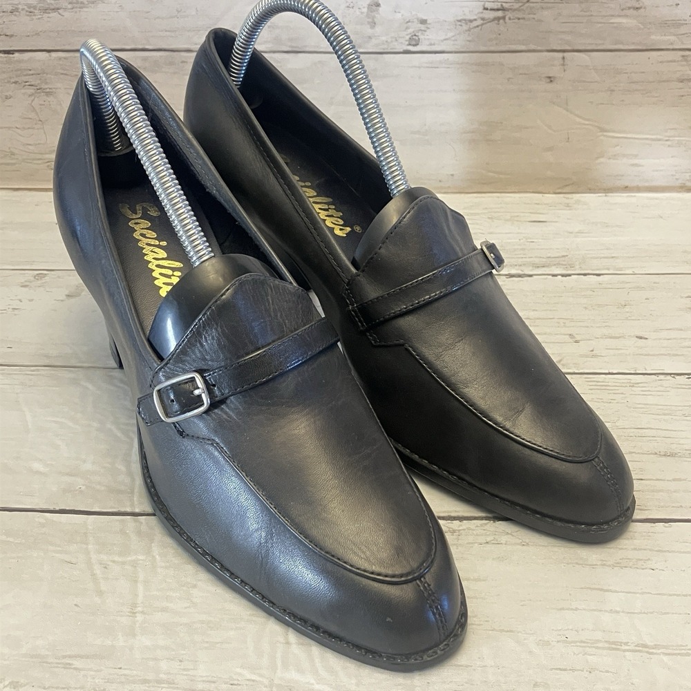 Socialites Heels Womens 10 Navy Leather Buckle Block Business Dress Eternity